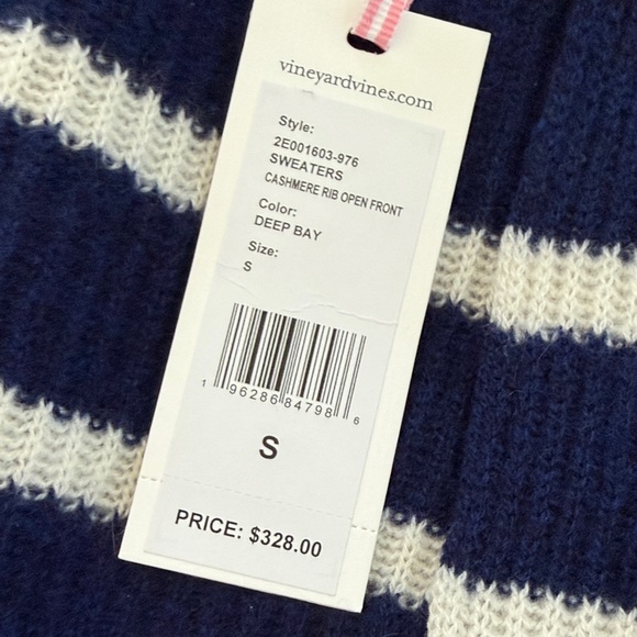 NWT Vineyard Vines 100% Cashmere Rib Open Front Navy and White Striped Cardigan - Picture 3 of 7